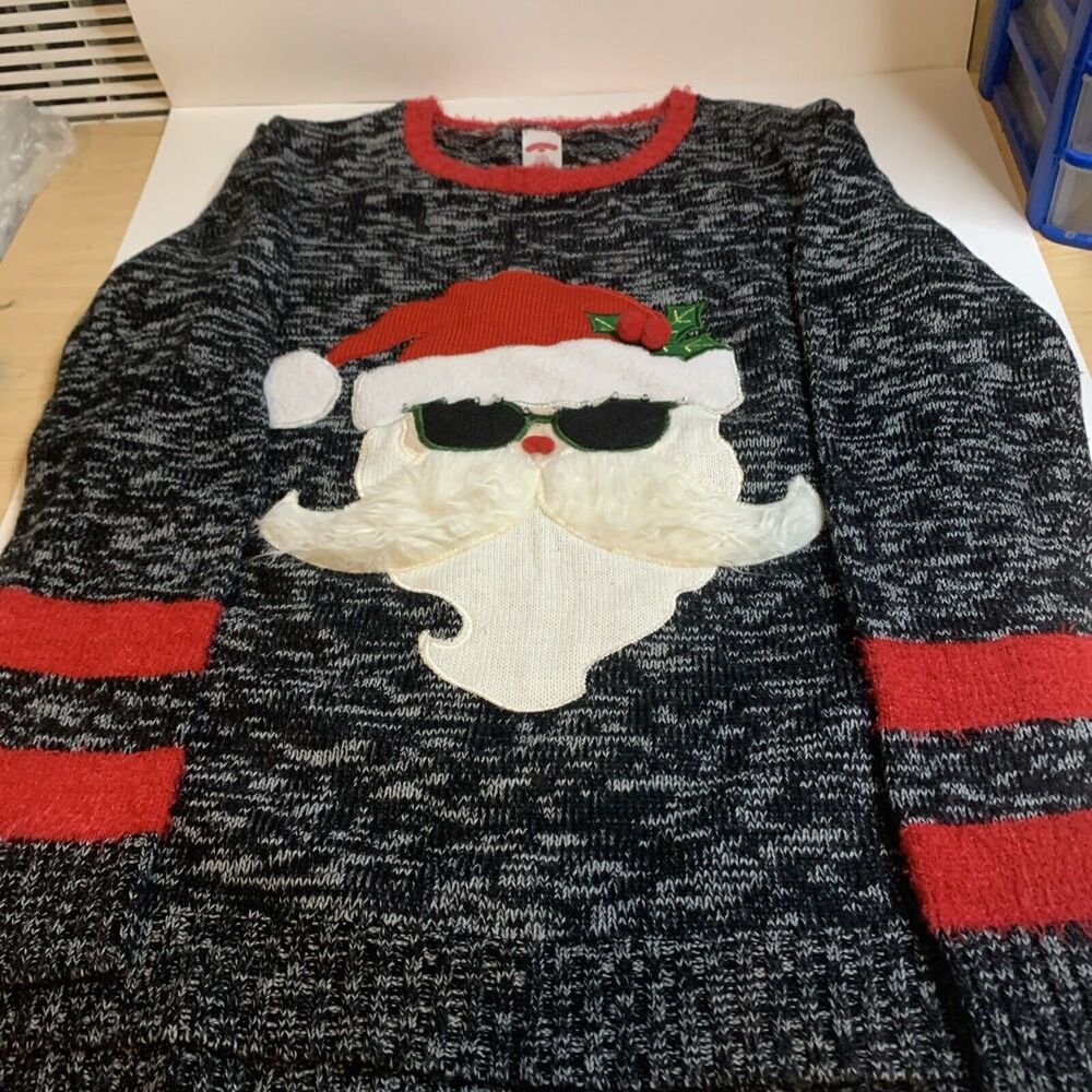 Holiday Time Ugly Christmas Sweater Santa in Sunglasses Gray Red Striped Small